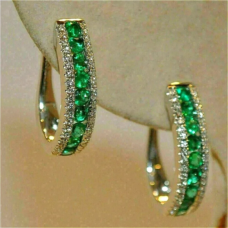 Luxurious Sparking Inlaid Green Synthetic Zirconia Hoop Earrings Women's Fashion Vintage Banquet Perfect Jewelry Accessories