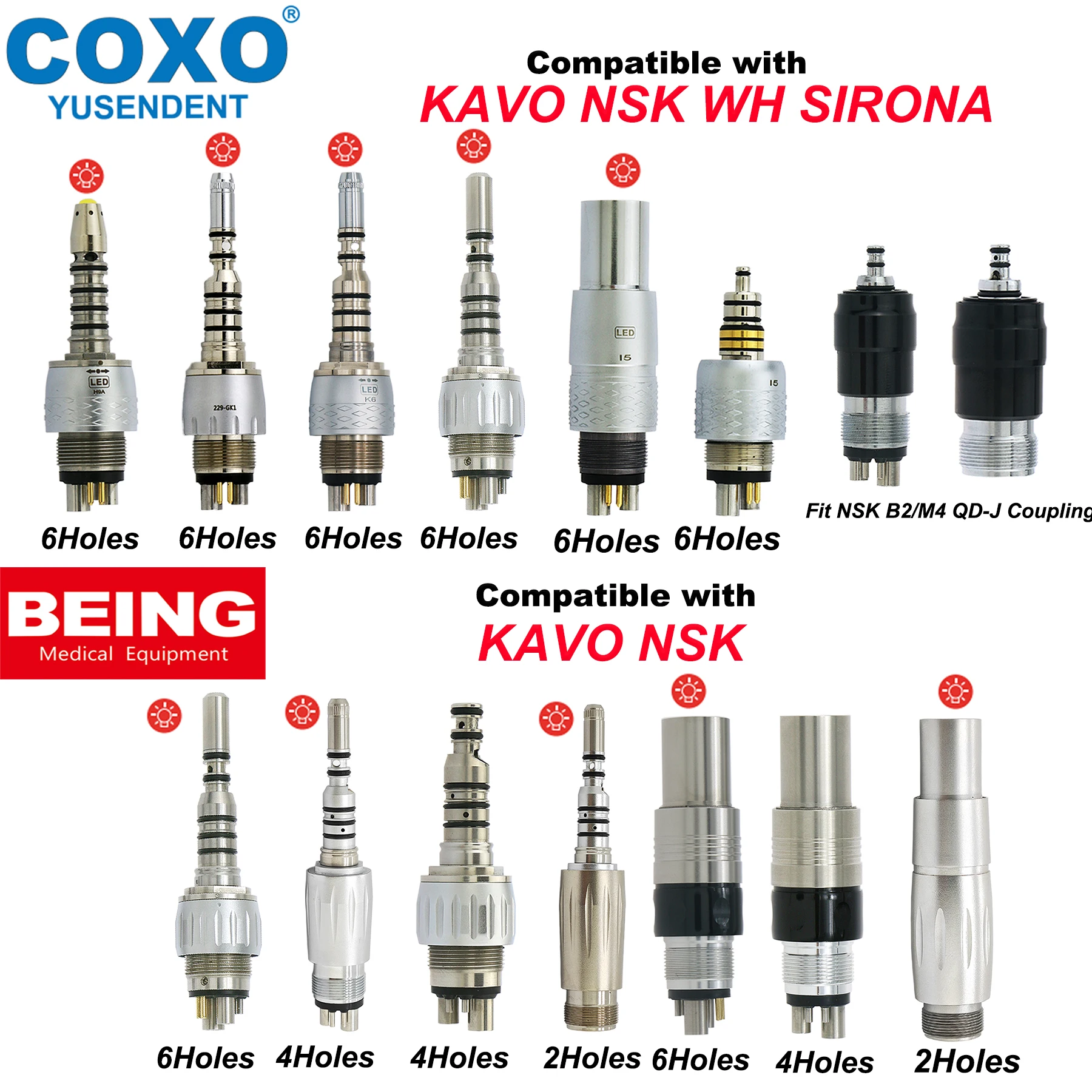 

BEING/COXO Dental Handpiece LED Coupling Coupler 2/4/6Holes B2/M4 QD-J Coupling For High Speed Handpiece KAVO WH SIRONA NSK