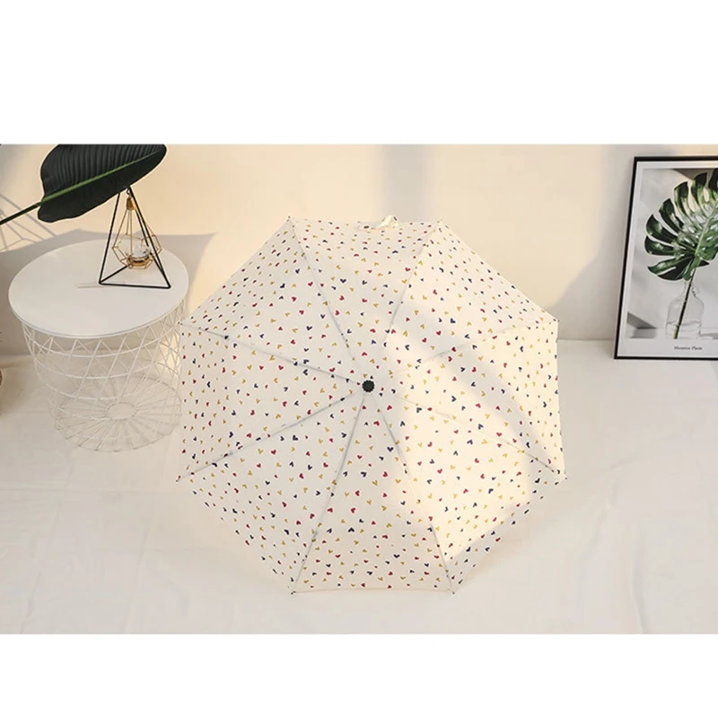 Fashion Umbrella Love Print Curved Hook Folding Umbrella Tri-Fold Sun Umbrella Rain And Sun Dual-Use Umbrella