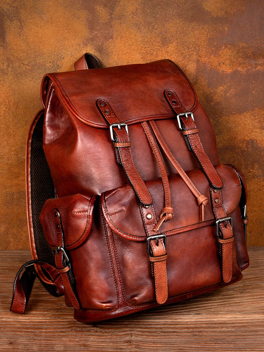 Genuine Leather Men\'s Backpack First Layer Leather Travel Backpack Large Capacity Natural Cowhide Laptop Bag Daily Backpack