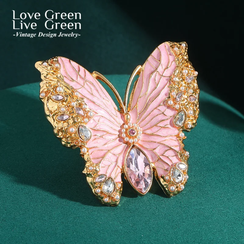 

Vintage Large Enamel Pink Butterfly Rings For Woman Size 8 Crystal Gold Color Big Cocktail Jewelry Luxury Accessories 6.4cm 2025