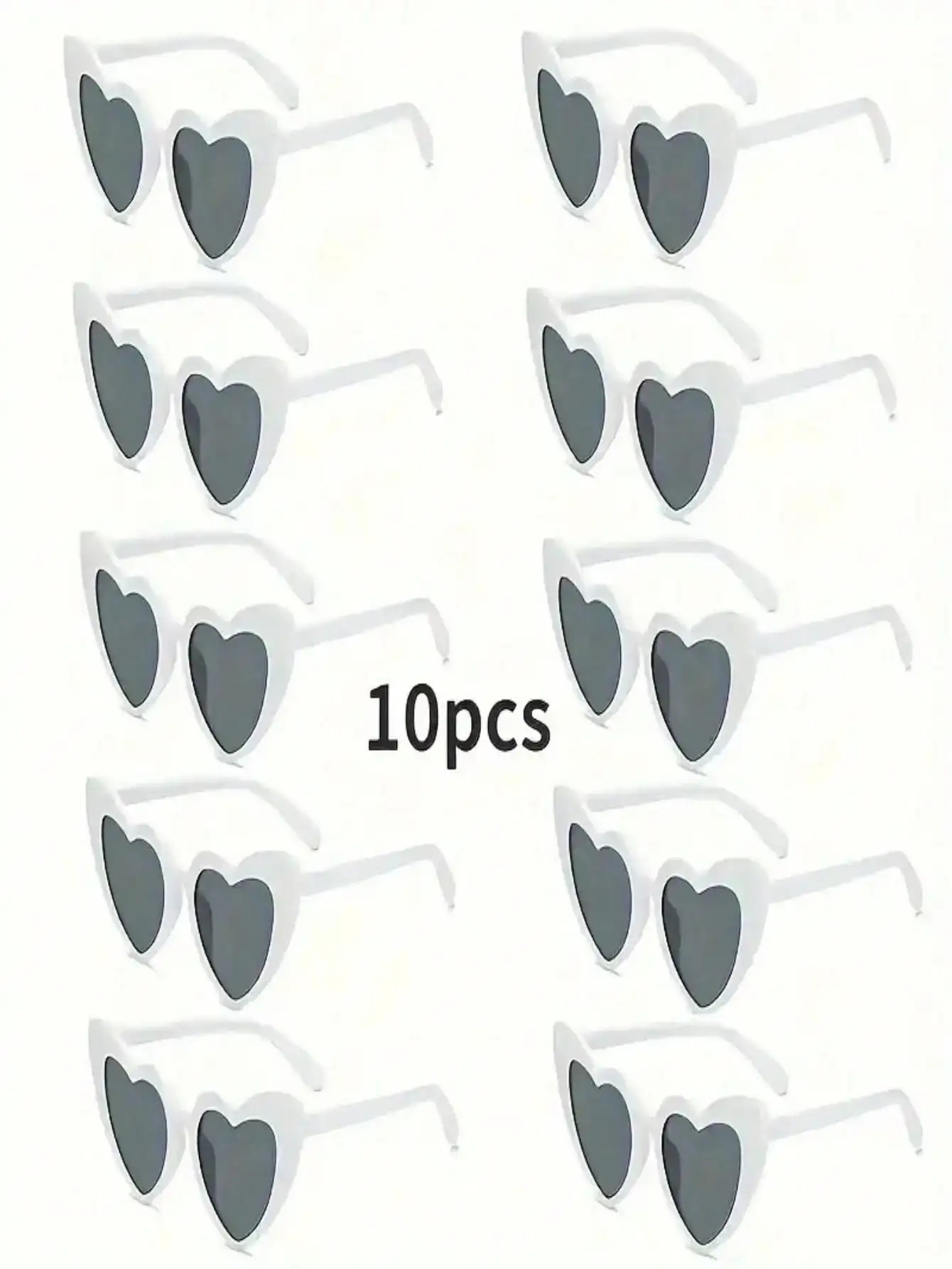 

10 Pairs Heart-Shaped Fashion Sunglasses - White Frame Gray Lens for Parties, Photos, Casual Wear