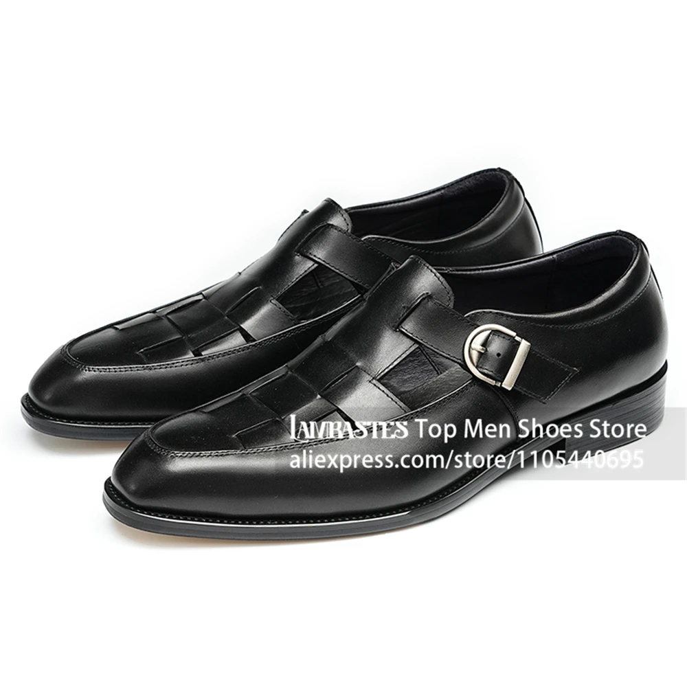 Buckle Strap Summer Business Leather Sandals Men's Black Woven Leather Monk Strap Sandals Closed Almond Pointed Toe Summer Shoes