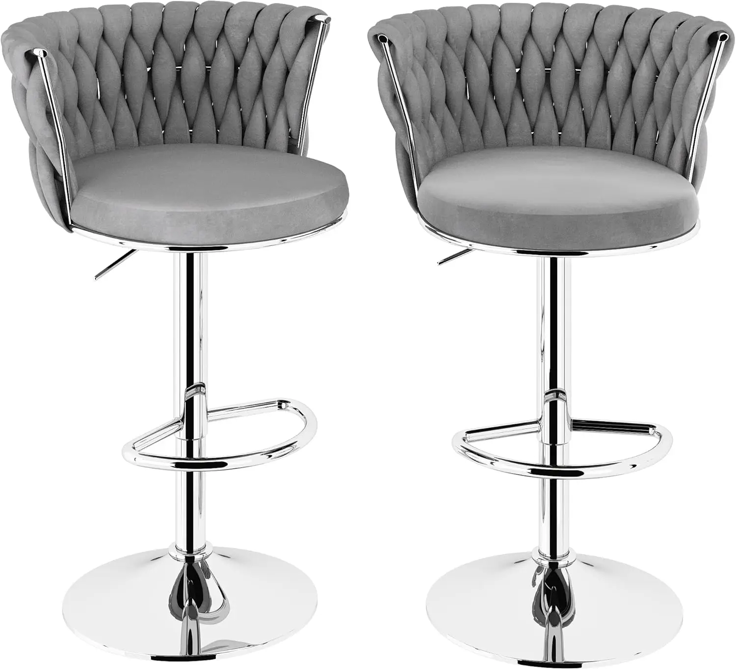 Velvet Bar Stools Set of 2, Modern Adjustable High Backrest Kitchen Counter Chairs, Grey