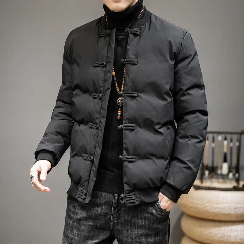 Chinese Style Men's Cotton Jacket with Button Stand Collar plus Size Fat Man Winter Coat Slim Fit Short Style Youth Trend