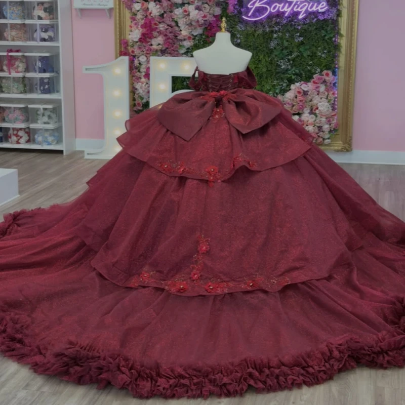 

Burgundy Shiny Ball Gown Quinceanera Dresses Applique Flower Beading Crystal Tiered Tull Bow Corset Off The Shoulder Sweet 16