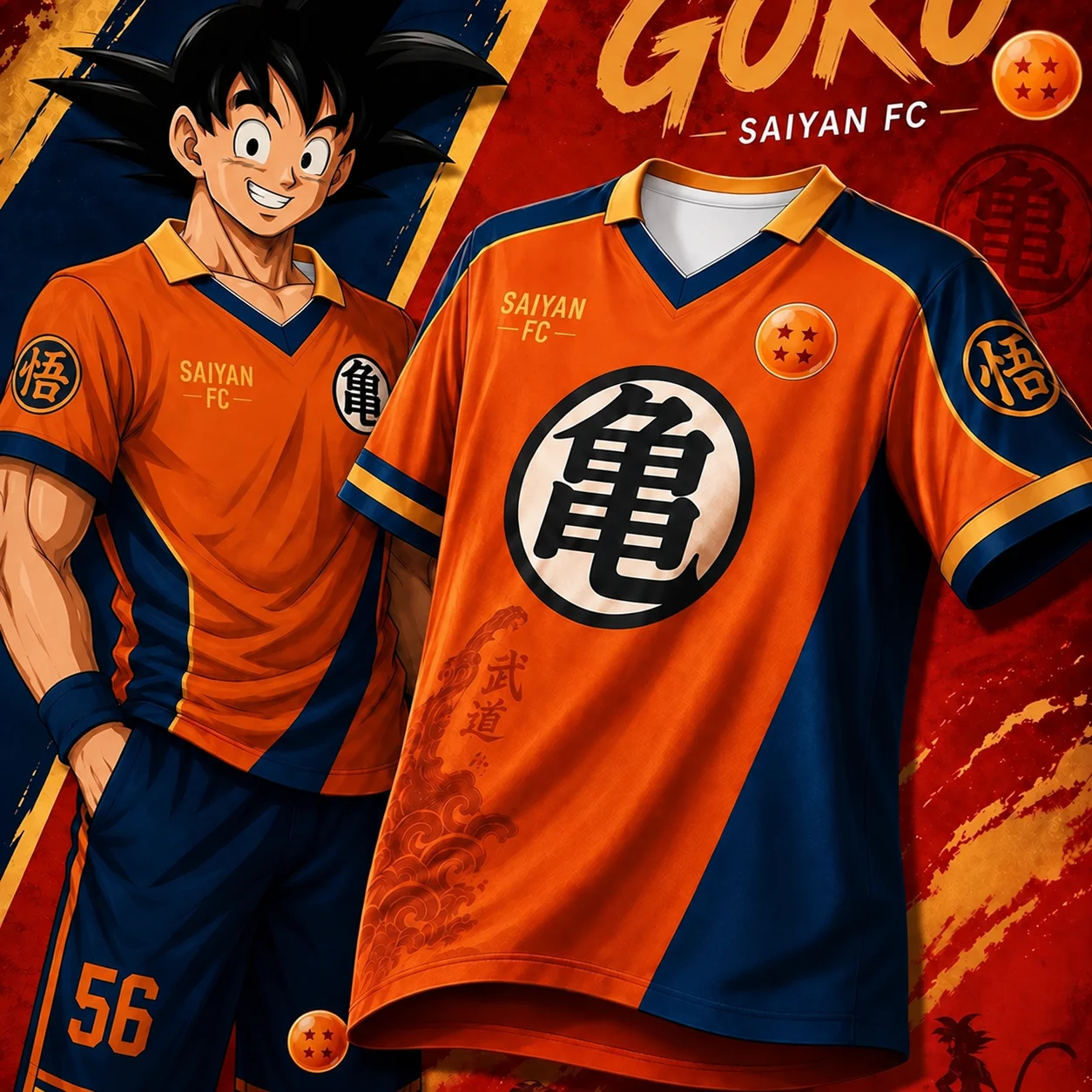 Dragon Ball Z Goku Saiyan FC Fußballtrikot für Herren, orange-blau, Anime, kurzärmeliges Fußballshirt, Cosplay-Sportoberteil. – Detail 2