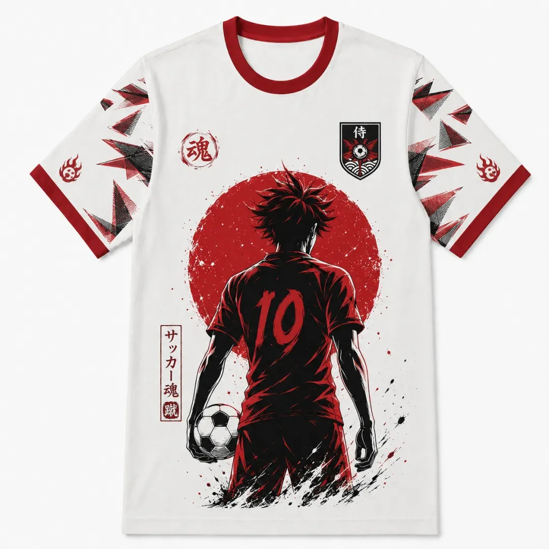 Japanese Anime Football Player No.10 Printed Red Sun Background Football Pattern Short Sleeved T-shirt Sports Street Casual Top
