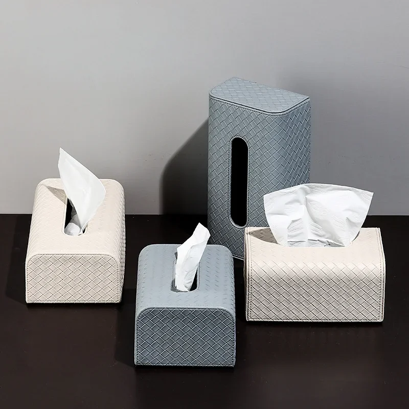 Rectangle Leather Tissue Box Creative Woven Grid Imitation Leather Extractable Tissue Box Home Bedroom Living Room Decoration