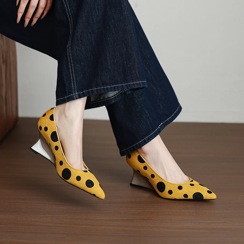 

Genuine Leather Horsehair Women Shoes,Pointed Toe Shallow Slip On Polka Dot High Heels,Wedges Women's Pumps