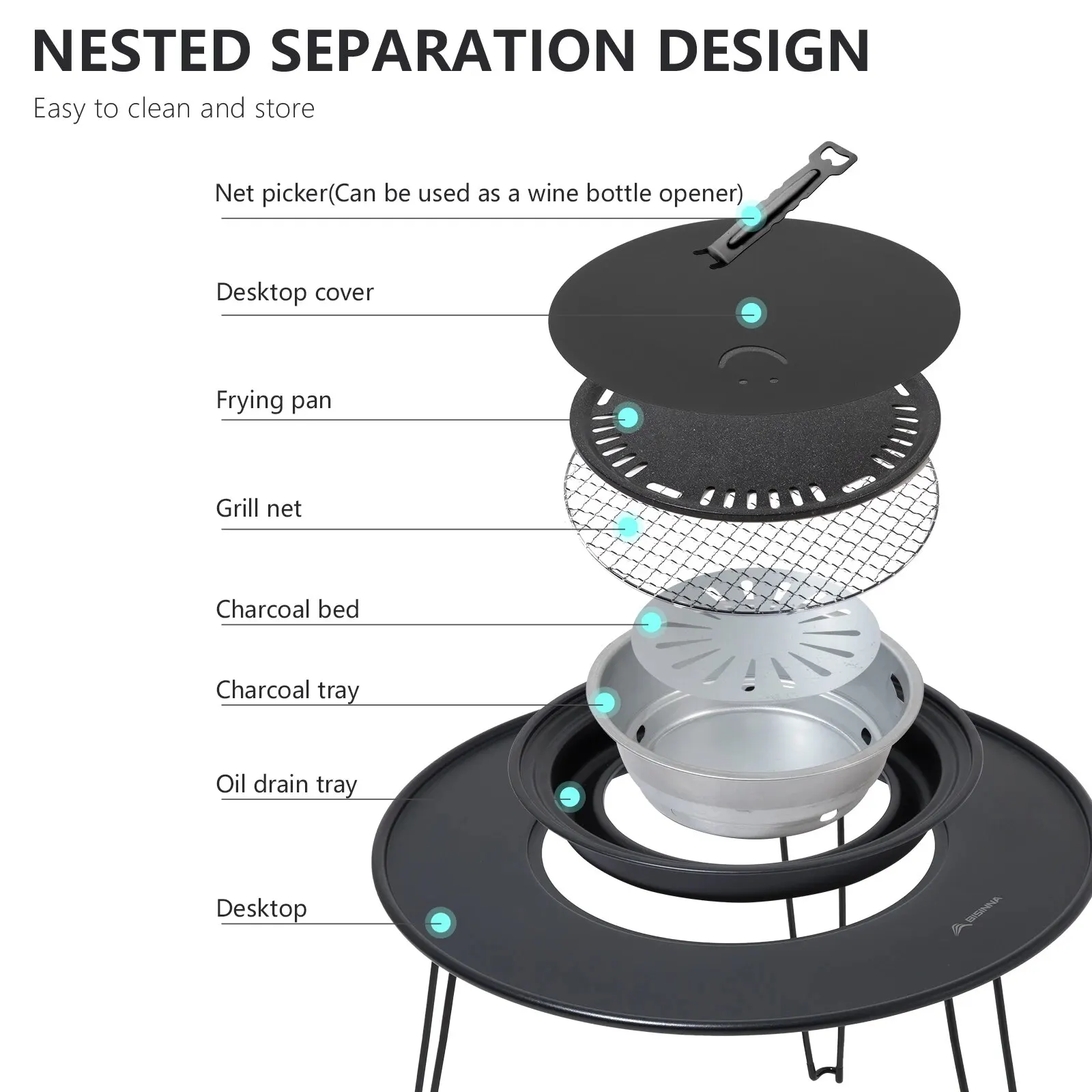 BISINNA Folding Barbecue Round Table Iron Stove Portable Camping BBQ Charcoal Grill With Storage Bag Patio Tea Boiling