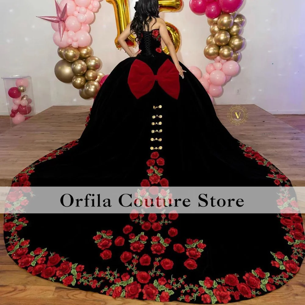 Red Black Embroidery Quinceanera Dresses Mexican Charra XV Layered Satin Short Sleeve Sweet 15 Birthday Dress Prom Wear