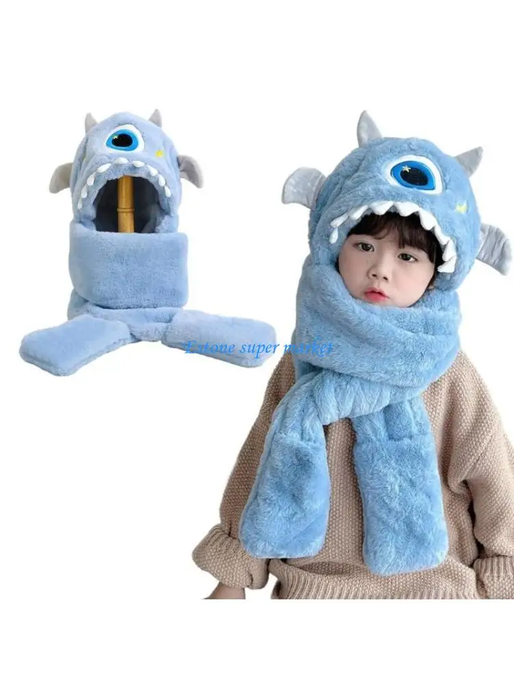 

090B Cartoon Plush Earflap Caps Scarf Mittens Winter Single Eye Alien Shaped Hat Scarf Gloves for Kids Toddlers 3-8 Year
