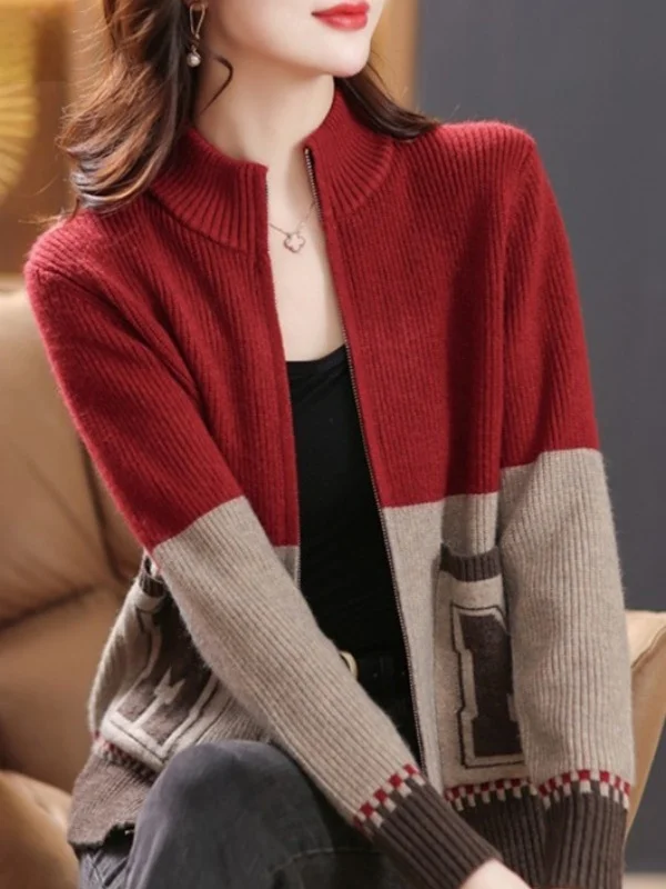 

Loose Women's Zipper Knitwear Cardigan Stand Collar Spring Autumn Outerwear Casual Style Warm Polyester Fiber Ladies Top