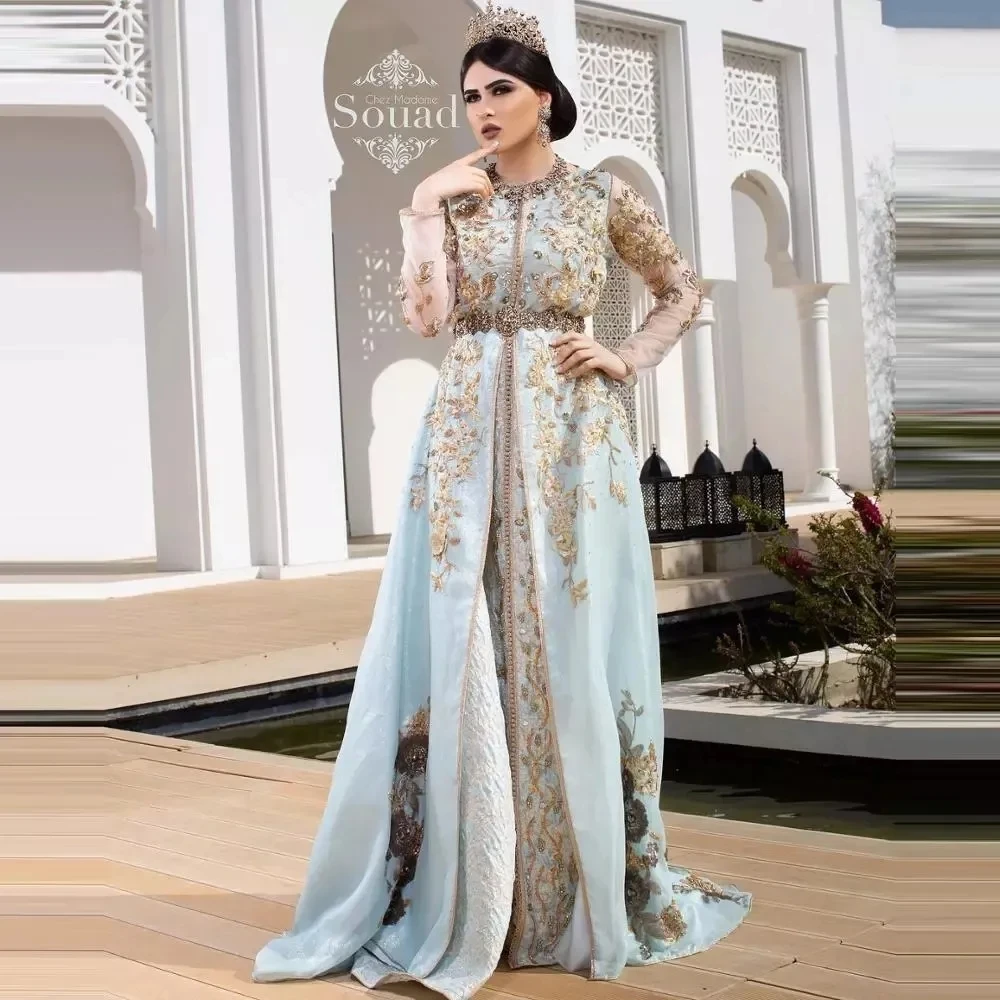 

Sky Blue Moroccan Kaftan Muslim Evening Dresses A-line Long Sleeves Appliques Dubai Arabic Caftan Abaya Islamic Gown Customized