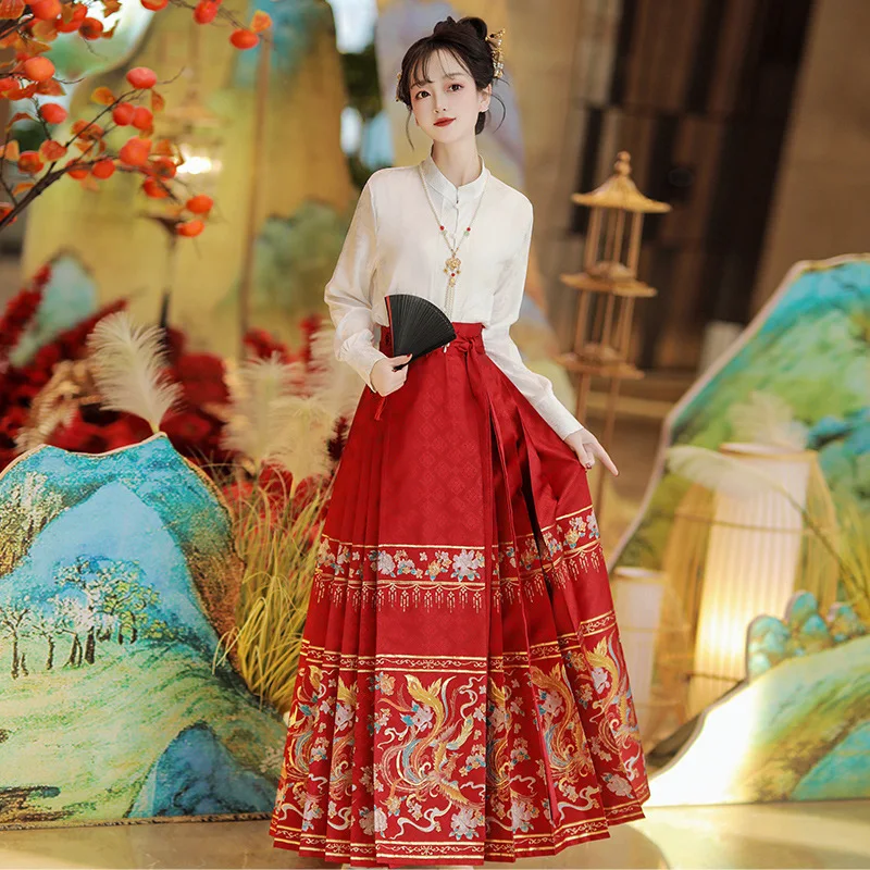 Восточные костюмы Hanfu, женские костюмы с вышивкой с воротником и рукавами летательного аппарата в национальном стиле, костюмы с юбкой с лошадиным лицом, Повседневная тонкость