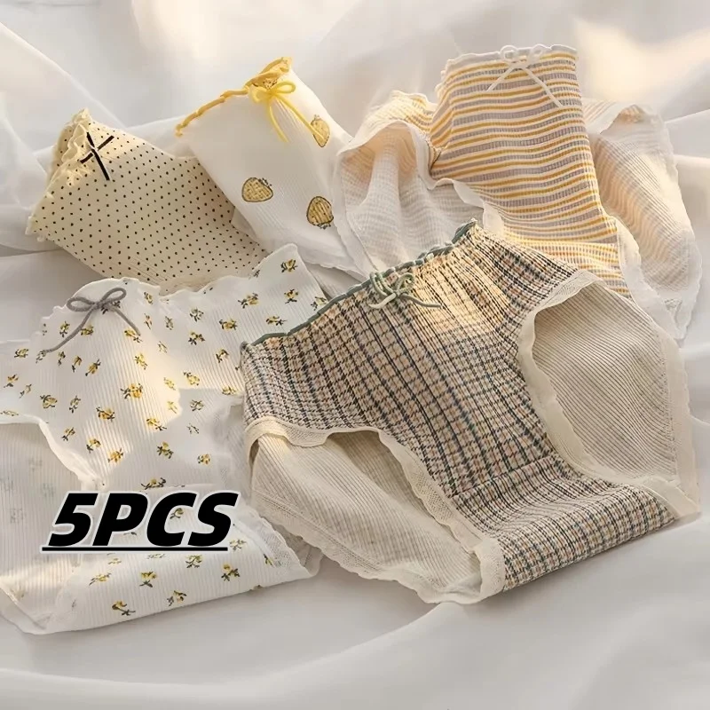 

5 шт./компл. хлопковые трусы, милые клубничные женские трусики, дышащее женское мягкое нижнее белье, модное нижнее белье с цветочным принтом для девочек