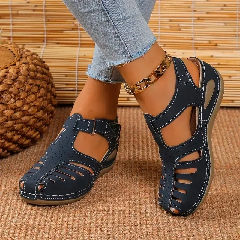 Womens Wedge Sandals 2024new Hook & Loop Designer Hollow Baotou Sandals Summer Versatile Solid Color Thick Sole Zapatillas Mujer