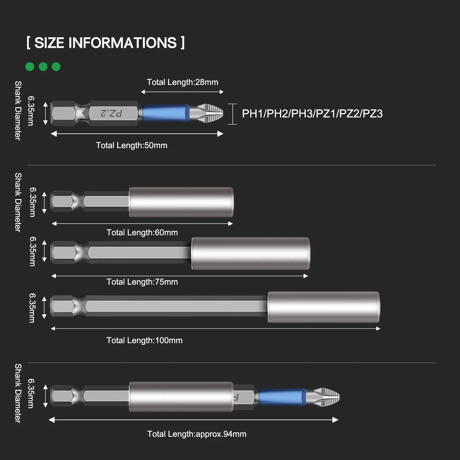 10Pcs/Lot 50mm GCr15 Pozidrive Bits Hex Shanked Anti Slip Screwdriver Bits Magnetic Single Head PZ1 / PZ2 / PZ3 PH 1 2 3