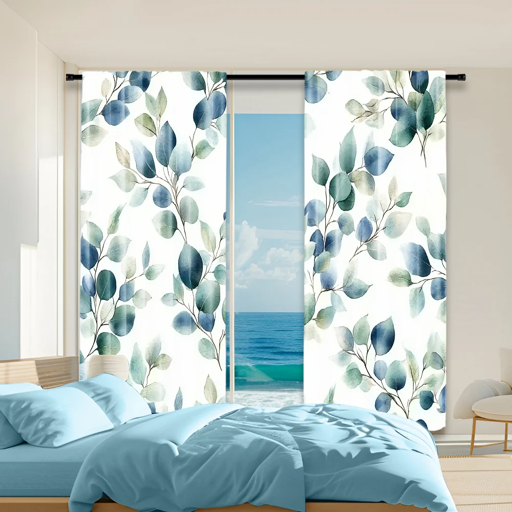 

2 pcs, versatile polyester transparent curtains for home decoration Boho Eucalyptus Leaf Pattern for use in bedrooms and living