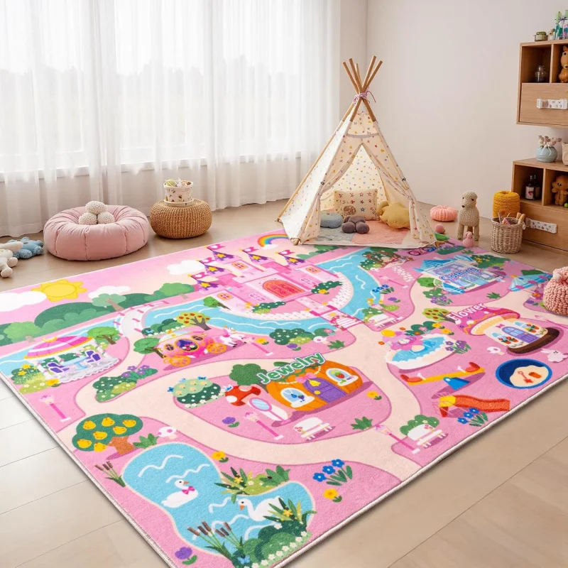 VIKAMA Colorful Fairy Town Road Map Kids Rug Non Slip Stain Resistant Floor Mat Nursery Play Tent Bedroom Balcony Decor