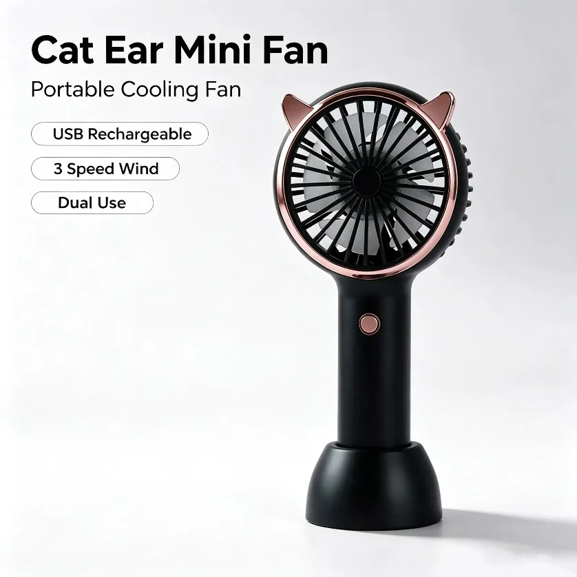 Cat Ear Fan Mini Handheld LED Light 3 Speed USB Rechargeable Portable Quiet Desk Fan With Base for Travel Concert Gift view 3