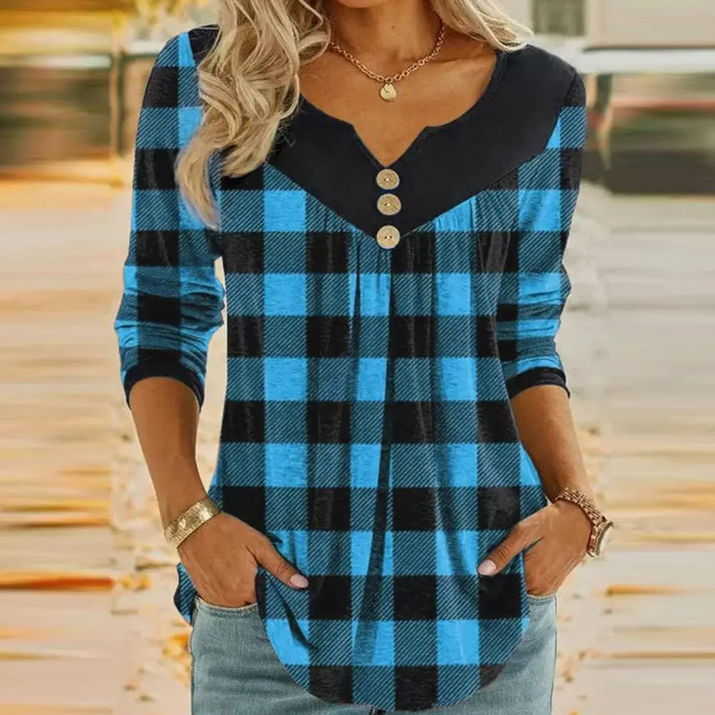 Women Tunic Tops Stylish Women\'s Christmas Plaid Blouse V-neck Tunic Tops with Button Decor Long Sleeves Mid-length Streetwear