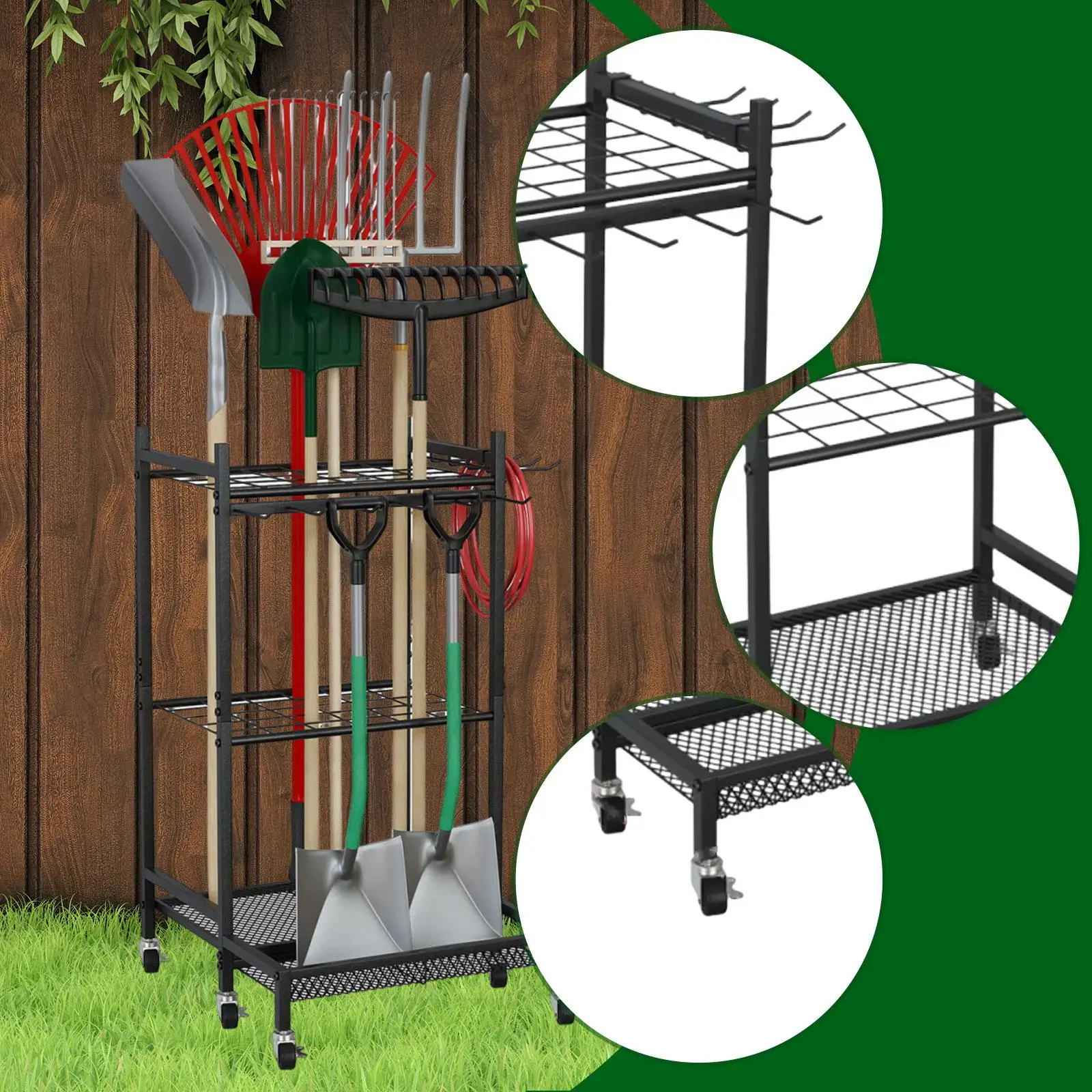 

Metal Garden Tool Organizer Rack Three Tier Storage Holder with Wheels for Garage Organizer and Yard Equipment