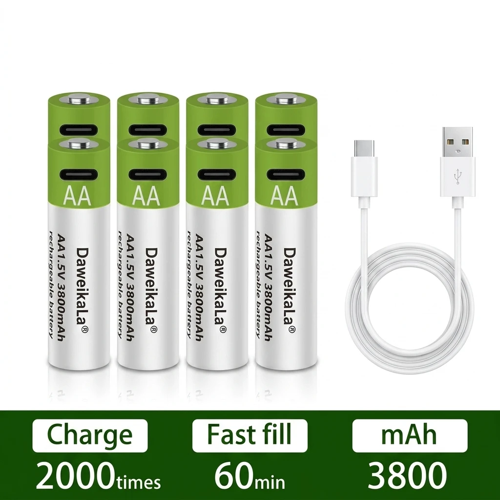 

USB Rechargeable AA Battery 1.5V Lithium 3800mAh High Capacity Li-ion Fast Charging Battery for Remote Control Electric Toy