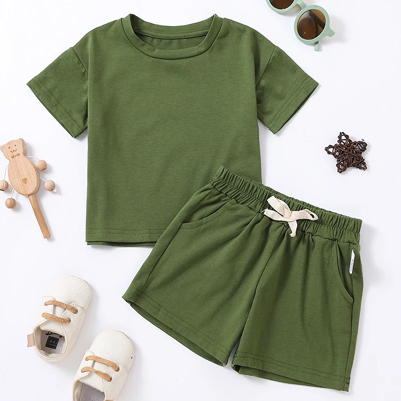 2023 Kids Solid Clothes Sets Summer Casual Short Sleeve + Elastic Waist Shorts Suits Toddler Sets for Girls Boys