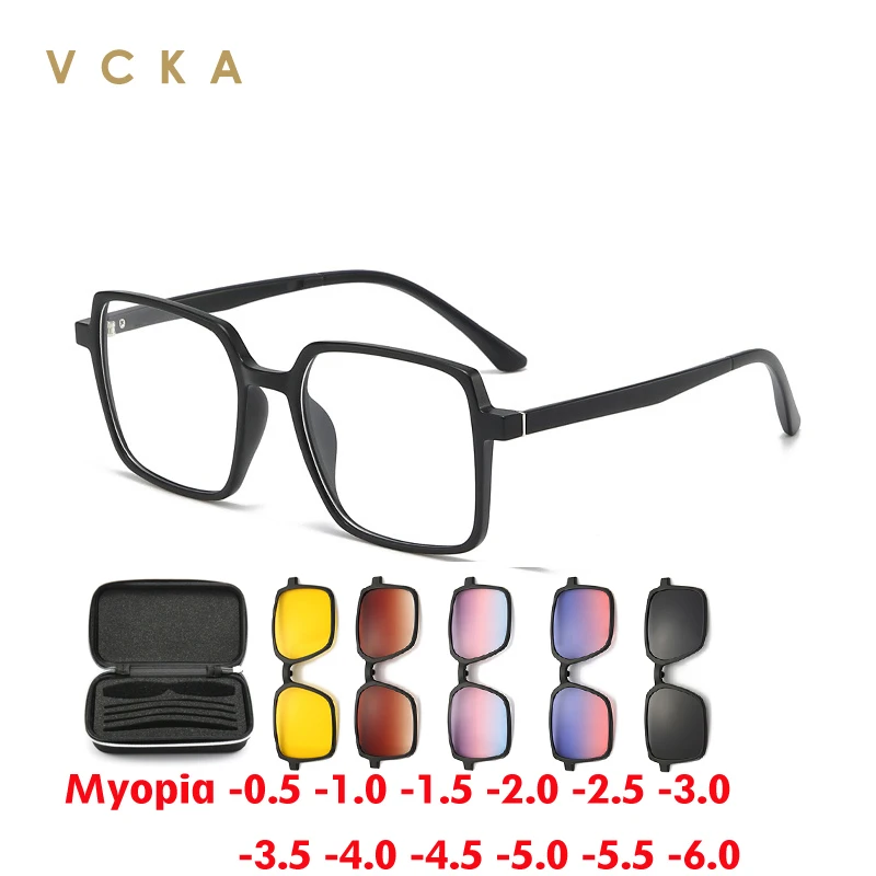 VCKA 6 in 1 Women Myopia Sunglasses Frames Magnetic Clip Round Glasses Fashion Trend Polarized Customizable Eyewear -0.5 to -6.0