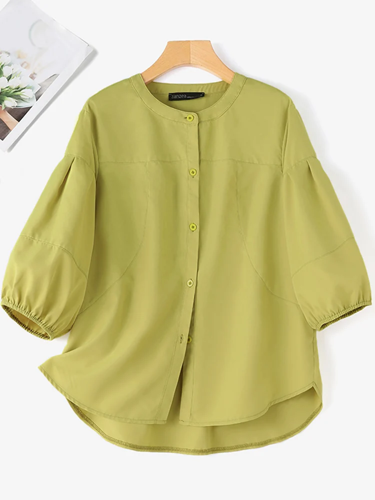 

ZANZEA O Neck Casual Shirts Button Down Holiday 2024 Summer OL Work Blouses Solid Color Lantern Sleeve Fashion Women Tunic Tops