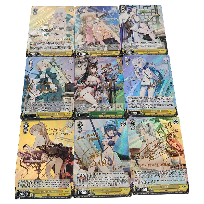 

Diy Self Made 9Pcs/set Azur Lane Female Characters Refractive Colorful Flashing Gold Card Game Signature Card Gift Toys