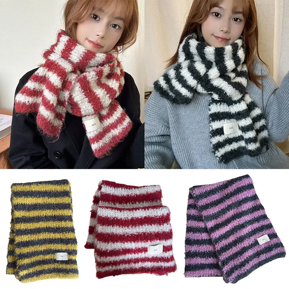 

Plush Stripe Neck Warmer Scarves Striped Knitted Women's Scarf Winter Long Shawls Unisex Couple Wool Blend Scarf Thicken Scarf