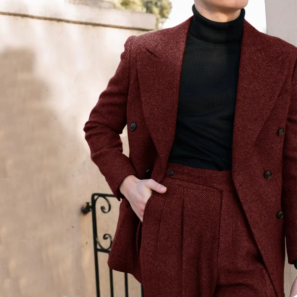 Herrenanzug mit Fischgrätenmuster, Herbst-Winter-Blazer, Hose, 2-teiliges Set, Revers, zweireihig, Smoking, Bräutigam, Party, Business, maßgeschneidert