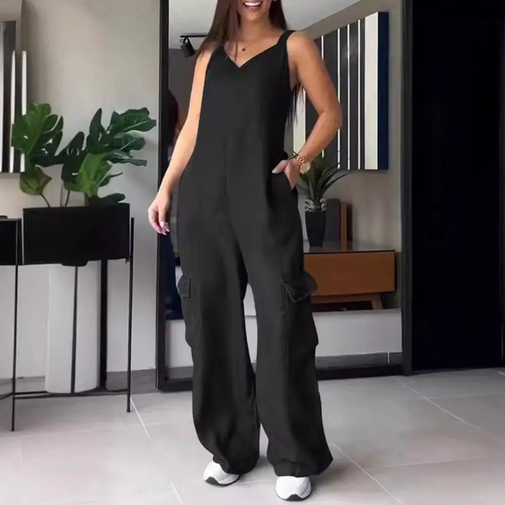 Mono holgado sin mangas para mujer, mono elegante con piernas anchas, múltiples bolsillos, diseño con cuello en V para uso diario informal