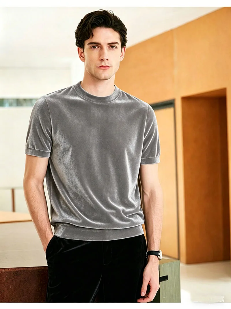 Luxury Natural Silk Velvet Men's T-shirt Short Sleeve Round Neck Pullover Simple and Elegant, Comfortable, Soft Skin-Friendly