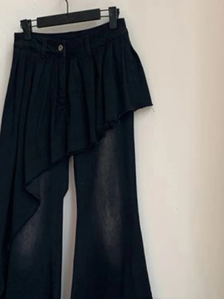 Pantalones vaqueros de dos piezas falsos con diseño de patchwork de estilo americano Retro otoño nuevos pantalones acampanados de cortina de pedido para fregar el suelo de cintura alta