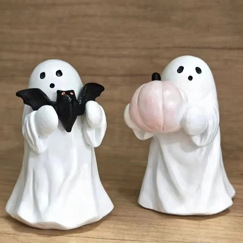 

New Bootiful Resin Ghost Halloween Figurine Decor Target Spooky Small Ornament Holding Pumpkin And Bat Halloween Decoration