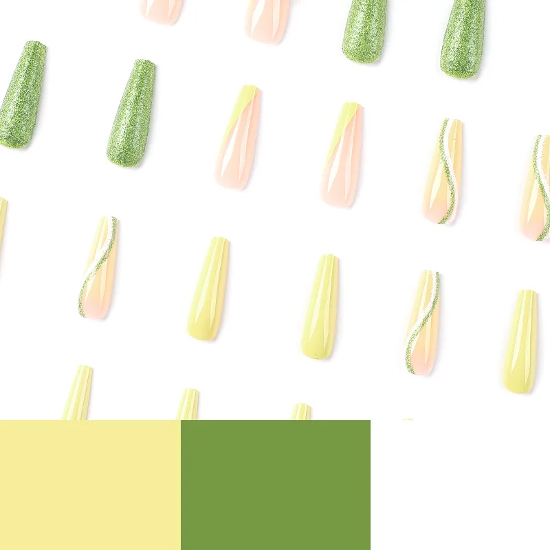 24 قطعة أظافر صناعية طويلة باليه حافة خضراء فرنسية لامعة ثلاثية الأبعاد على شكل فراشة يمكن ارتداؤها مانيكير اضغط على الأظافر الصلبة #4