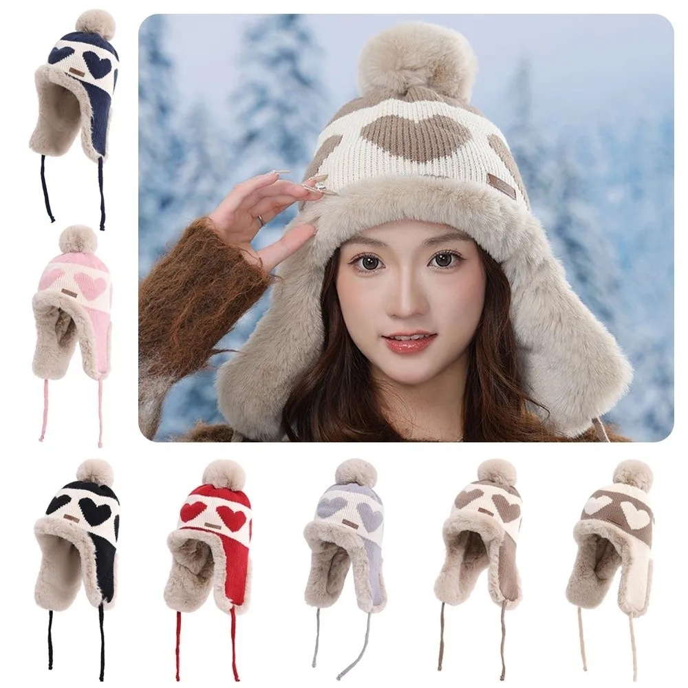 

Cozy Thickened Knitted Woolen Cap Love Print Ear-Protecting Cap Pompoms Design Winter Hat Outdoor Winter
