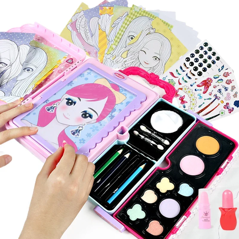 Kids Makeup Drawing Toys Multi-function Handle LED Painting Colorful Make up Cosmetics Suitcase Toy Drawing Board For Girls Gift