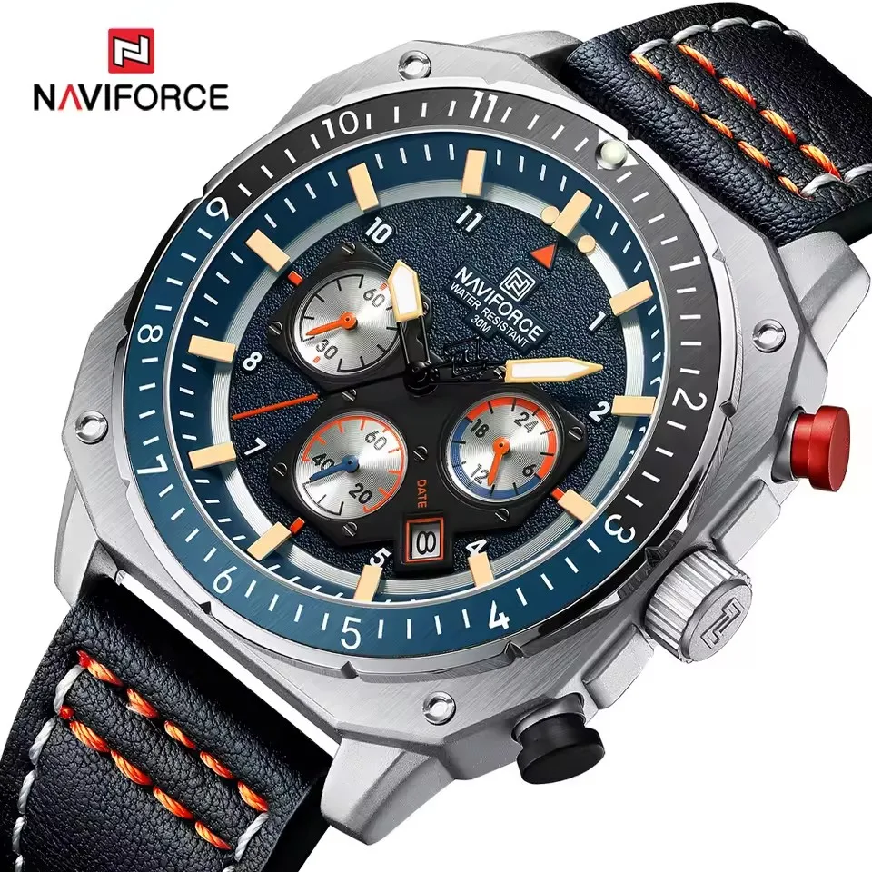 

NAVIFORCE 8057 Fashion Quartz Watches for Man Multifunctional Wristwatch Calendar Luminous reloj hombre Leather Strap Men Watch