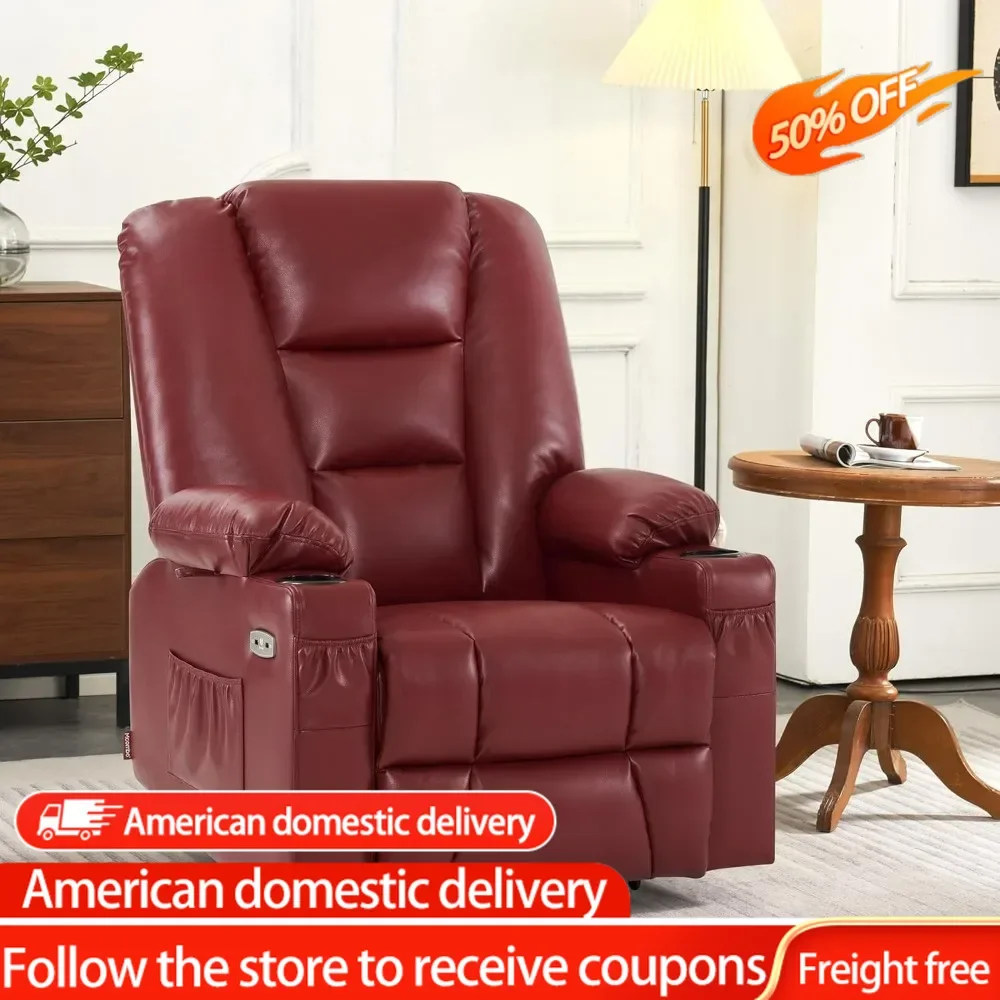 Large Power Lift Recliner Chair Sofa with Massage and Heat for Big and Tall Elderly People, 3 Positions, Cup Holders,(Large,Red)