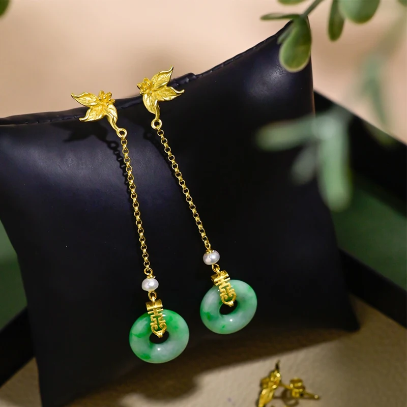 

Серьги-пончики из натурального нефрита с пряжкой мира класса А, длинные новые китайские серьги в стиле ретро из стерлингового серебра S925