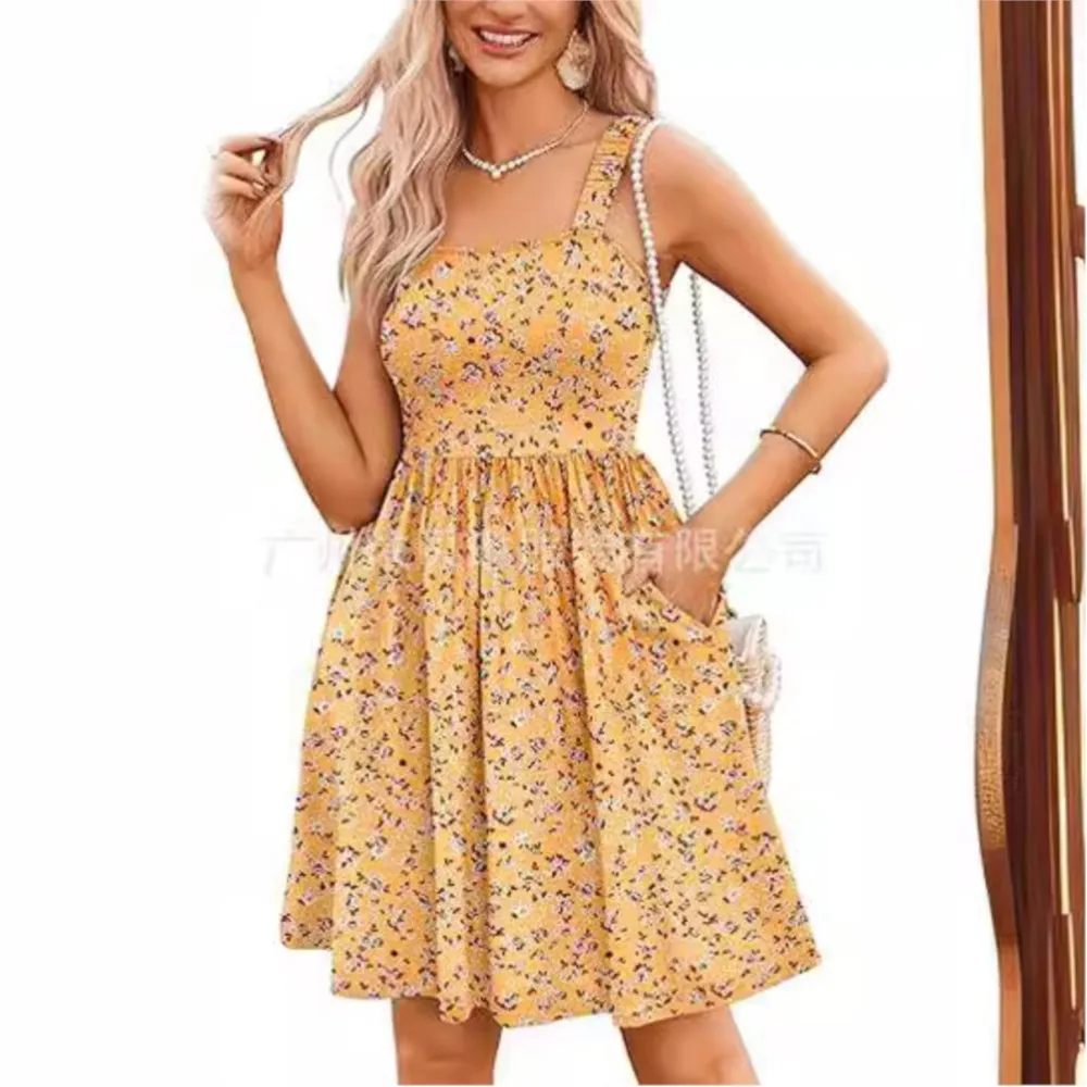 Damen-Sommerkleid, lässig, quadratischer Ausschnitt, mit Taschen, niedliches, ärmelloses, hoch tailliertes A-Linien-Weste-Sommerkleid für Damen 2025,