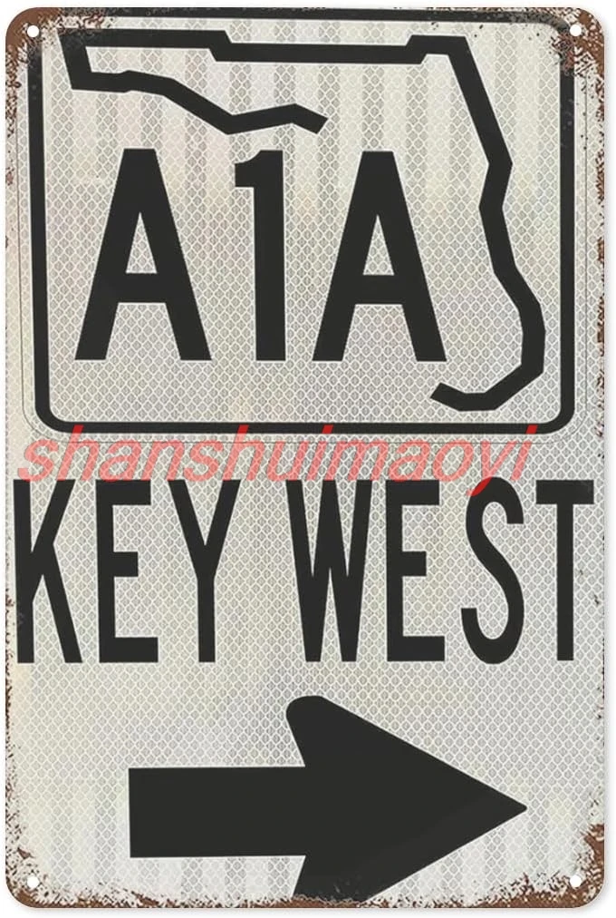 Vintage Metal Tin Sign A1A Road Wall Art Decor, Key West Florida Dot Ocean Beach Spring Break Surf Ski Hut Roadside Vintage