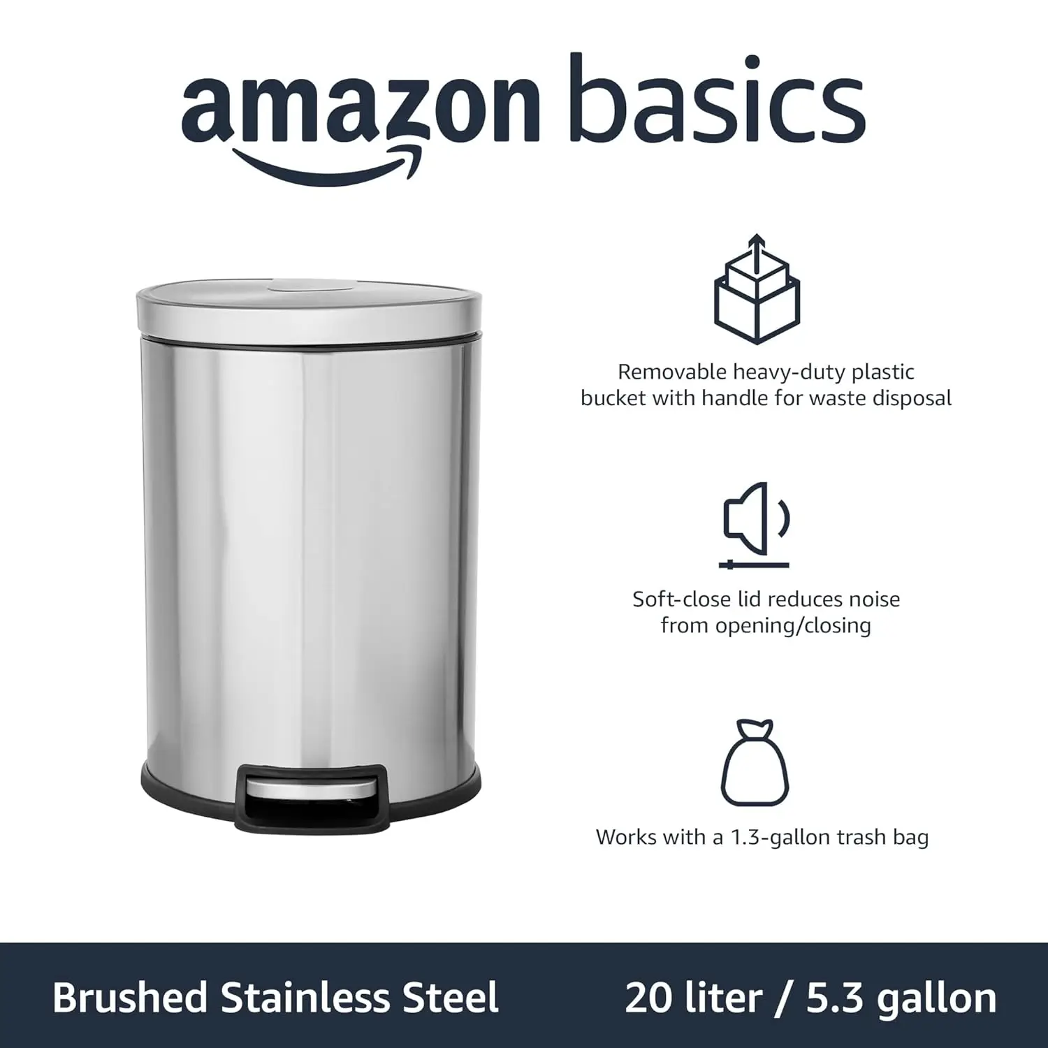 Round Cylindrical Trash Can With Soft-Close Foot Pedal, 20 Liter/5.3 Gallon, Brushed Stainless Steel