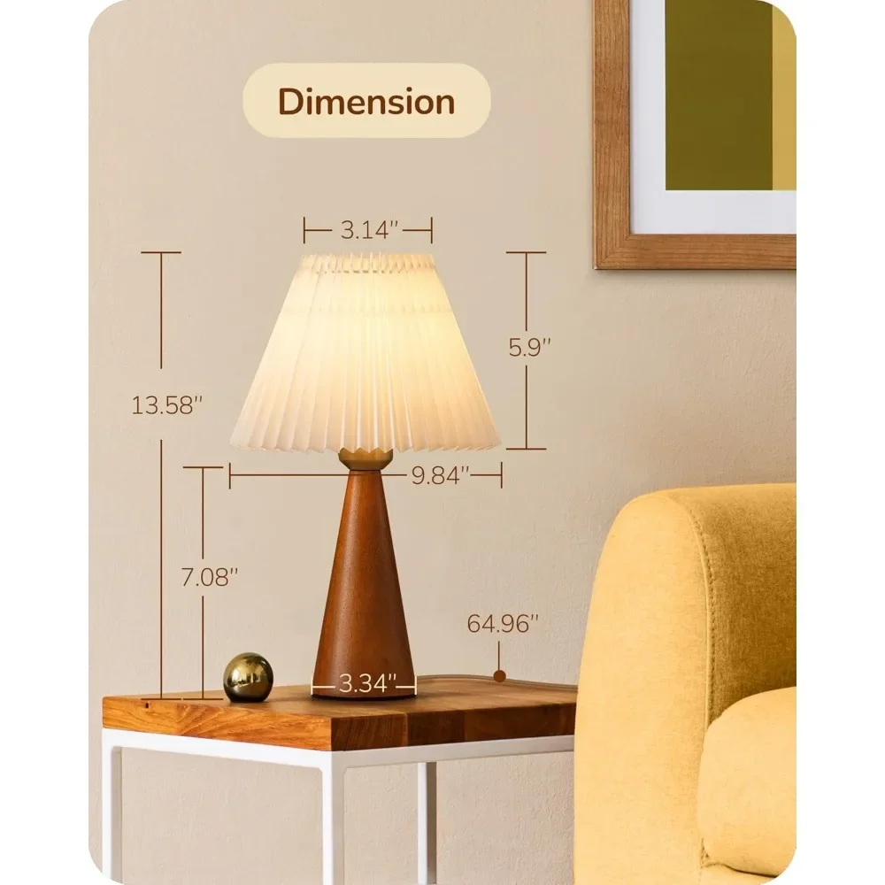 Маленькая настольная лампа Edishine 13,58 дюйма, прикроватная лампа с деревянным основанием, белый плиссированный абажур, компактная современная прикроватная лампа для дайвинга