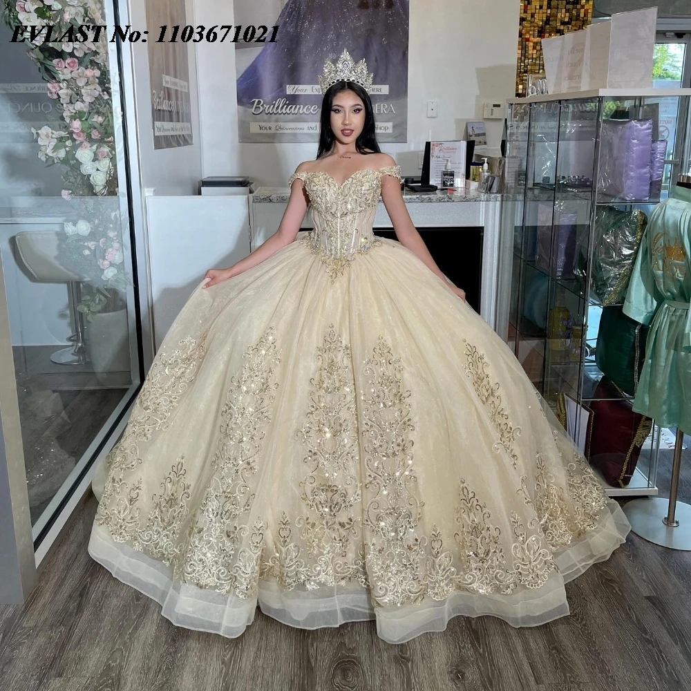 EVLAST Customized Champagne Quinceanera Dress Ball Gown Gold Lace Applique Beading Corset Sweet 16 Vestidos De 15 Anos SQ574